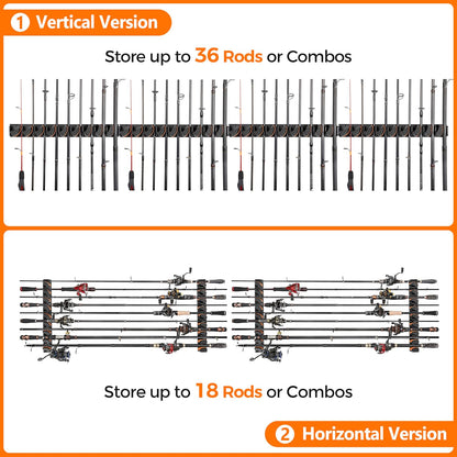 PLUSINNO V9 Vertical Fishing Rod Holders, Wall Mount 4-Pack - Holds 36 Rods, Diameter 3-19mm