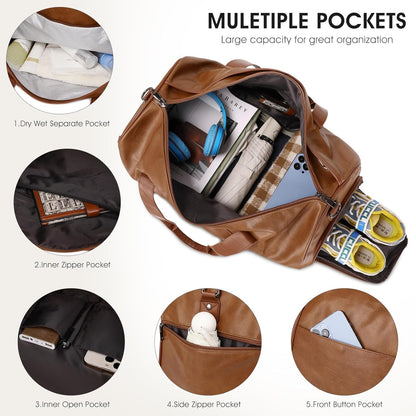 Wogarl 3PCS Leather Weekender Bag for Women Men Large Overnight Bag Travel Duffel Bag with Shoe Compartment Toiletry Packing Cube Carry On Bag Fit 21"" Laptop(Light Brown), YT042