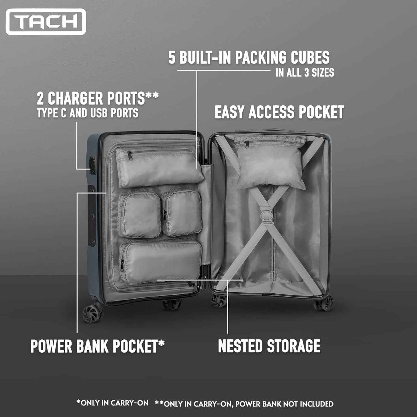 Tach V3.1 Hard Shell 3 Piece Luggage Set - 20, 24 & 28 inch Luggage | Carry On, Medium & Large Checked Suitcases | Patented Built-In Connecting System | Rolling Suitcase Links 6 Bags (Grey)
