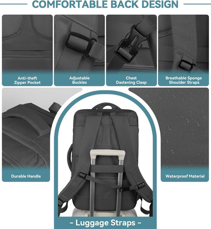 Travel Backpack, 50L Expandable Extra Large Laptop Backpack, Carry On Backpack Water Resistant Business Suitcase Daypack Bag Fits 17 Inch Laptops, Travel Gifts for Men Women, Black