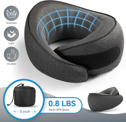 SZXYX Travel Pillows for Airplanes, 100% Pure Memory Foam Neck Pillow for Airplanes, Comfortable Breathable Cover, 360° Support Stowable Pillows for Sleeping, Car, Airport Travel Essentials Black