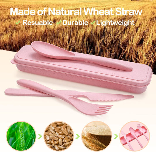Reusable Travel Utensils Set with Case, 4 Sets Wheat Straw Portable Knife Fork Spoons Cutlery, Eco-Friendly BPA Free Plastic Tableware for Kids Adults Travel Picnic Camping Utensils