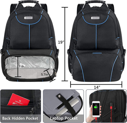 VECKUSON Lunch Bag Backpack, Insulated Cooler Lunch Box Backpack, Extra Large Travel Laptop Backpack TSA Friendly RFID Computer College bag with USB Port for Women Men,Blue