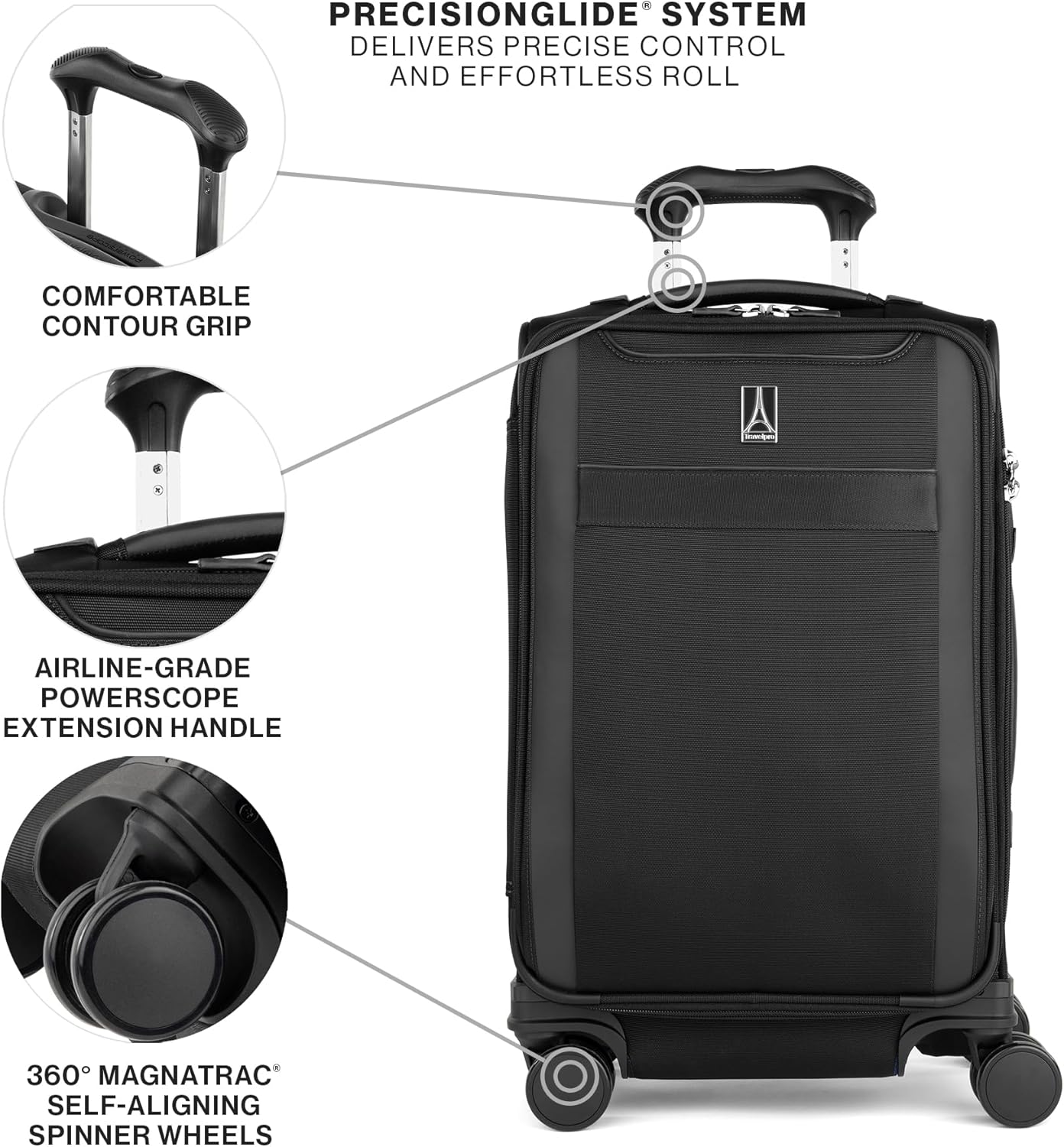 Travelpro VersaPack+ Lightweight Softside Expandable Carry on Luggage, 8 Spinner Suitcase, TSA Lock, Men and Women, Carry On 21-Inch, Black