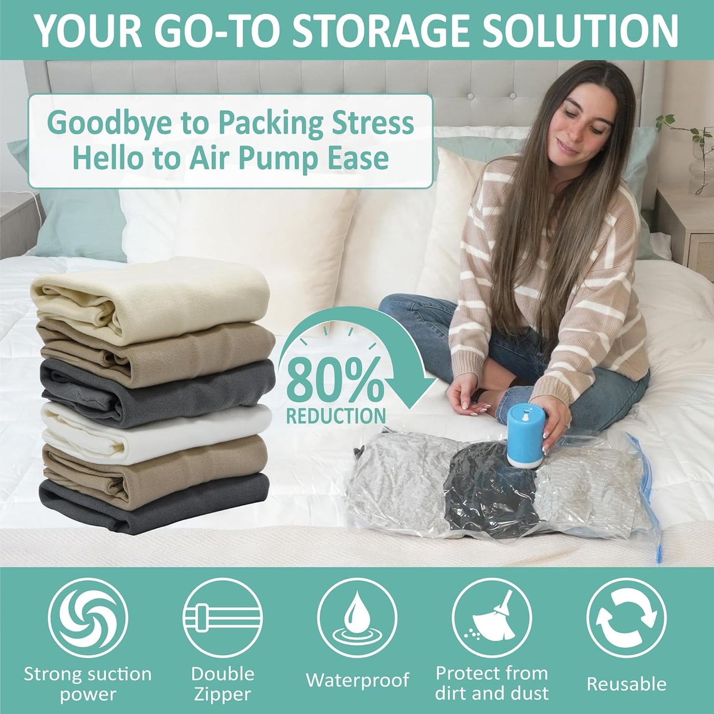 Cozy Essential Travel Vacuum Clothes Bags with Rechargeable Electric Pump for Luggage, Suitcase, Vacuum Seal Compression Space Saver Bags for Clothing, 8 Pack