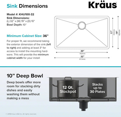 KRAUS Standart PRO™ 32-inch 16 Gauge Undermount Single Bowl Stainless Steel Kitchen Sink with WasteGuard™ Continuous Feed Garbage Disposal, KHU100-32-100-75MB