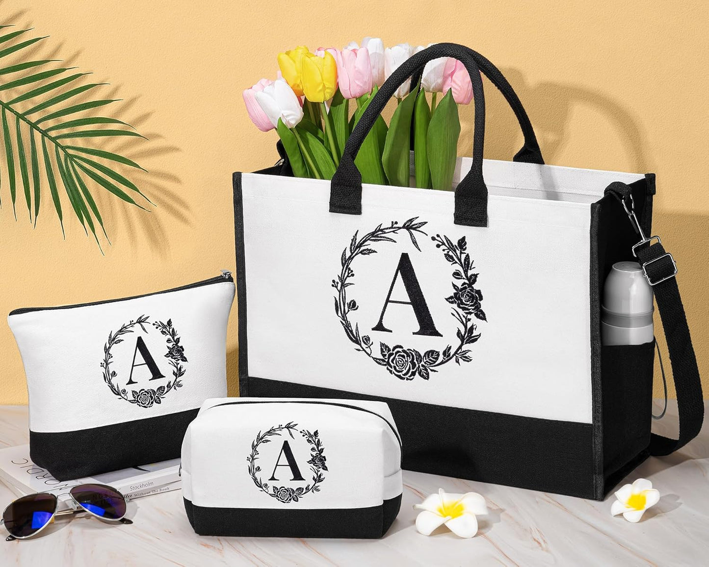 Personalized Mothers Day Gifts for Mom Women, Initial Canvas Tote Bag & Makeup Bag Monogrammed Beach Tote Bag for Women w/Zipper, Birthday Gifts for Her Wife Sister Friend Daughter Teacher Nurse