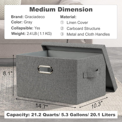 Medium 15" 21 Quart Collapsible Stackable Storage Bins with Lids, 3 Packs Grey Foldable Fabric Closet Boxes Heavy-duty Linen Cube Baskets Container for Bedroom Office (15 x 11 x 8)