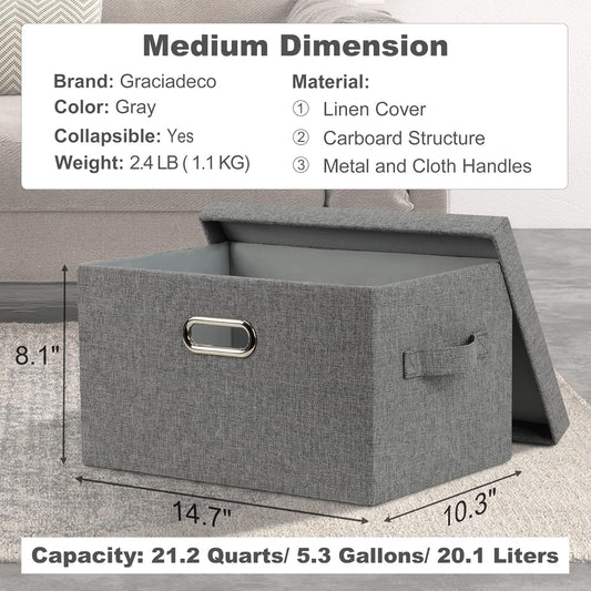 Medium 15" 21 Quart Collapsible Stackable Storage Bins with Lids, 3 Packs Grey Foldable Fabric Closet Boxes Heavy-duty Linen Cube Baskets Container for Bedroom Office (15 x 11 x 8)
