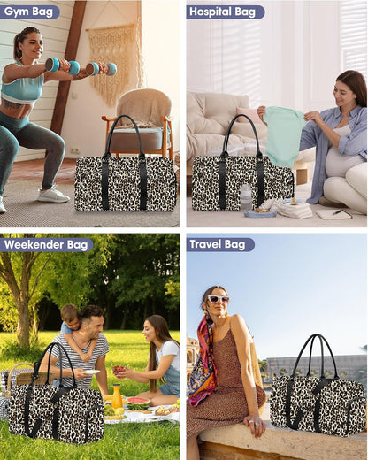 Women Duffle Weekender Travel Bag: Large Duffel Bags with Shoe Compartment Carry On Overnight Tote Bag with Wet Pocket Toiletry Bag Traveling Weekend Gym Yoga Hospital Bags for Womens Brown Leopard