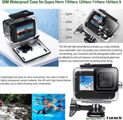 Gurmoir Accessory Pack for Go Pro 13 12 11 10 9 Hero, Full Essential Accessories Kit with Waterproof Protective Housing Case for GoPro Hero 13 12 11 10 9 Black(DT06)