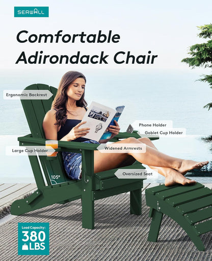 SERWALL Adirondack Chair with Cup Holders - Composite Adirondack Chairs Set of 4 HDPE Outdoor Chairs All Weather Use- Green