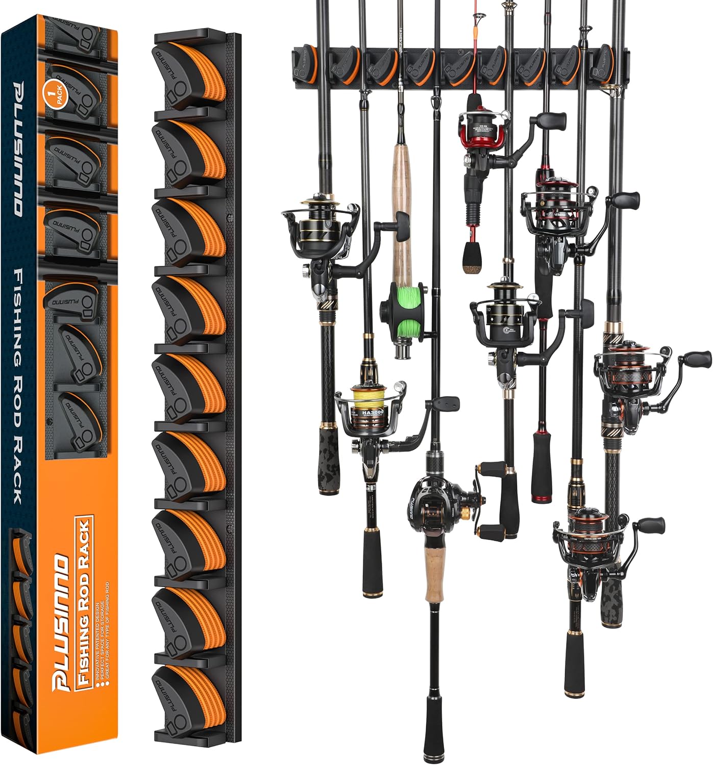 PLUSINNO V9 Vertical Fishing Rod Holders, Wall Mounted Fishing Pole Holders, Fishing Rod Rack Holds Up to 9 Rods or Combos, Fishing Rod Holders for Garage, Fits Most Rods of Diameter 3-19mm