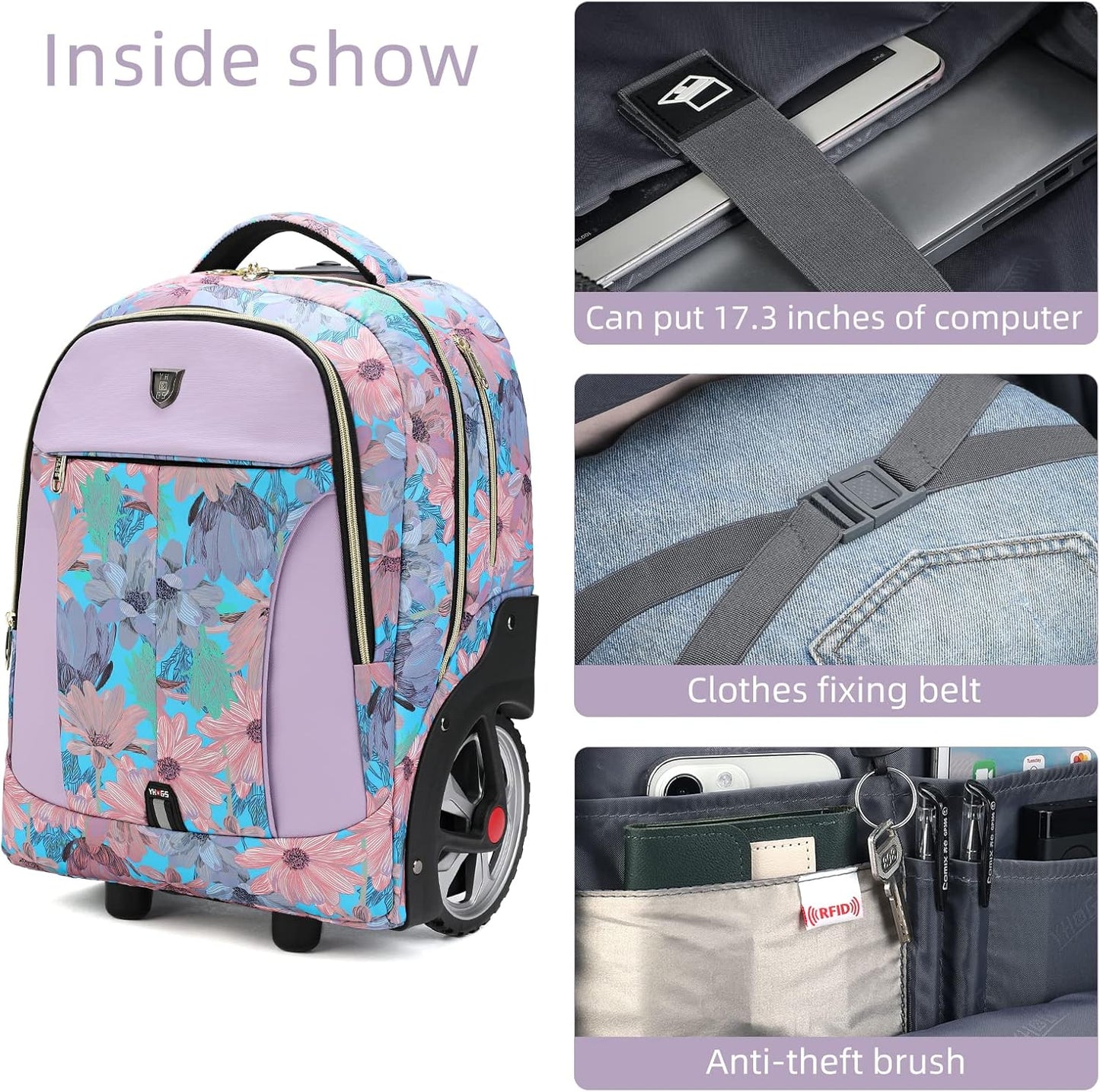 Rolling Backpack,Waterproof Backpack with Wheels for Business and Travel Commuter, Carry on Backpack with Laptop Compartment, Fit 17 Inch Laptop, Wheeled Backpack for Adults