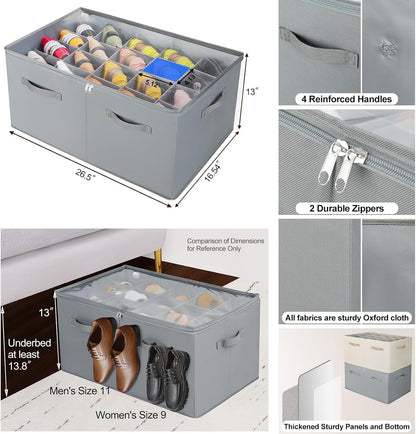 Shoe Organizer for Closet, Foldable Shoe Box with Adjustable Dividers and Clear Cover, Space Saving Shoe Storage Organizer Cabinet with Reinforced Handles, Fits 20 Pairs, Gray, TP10G