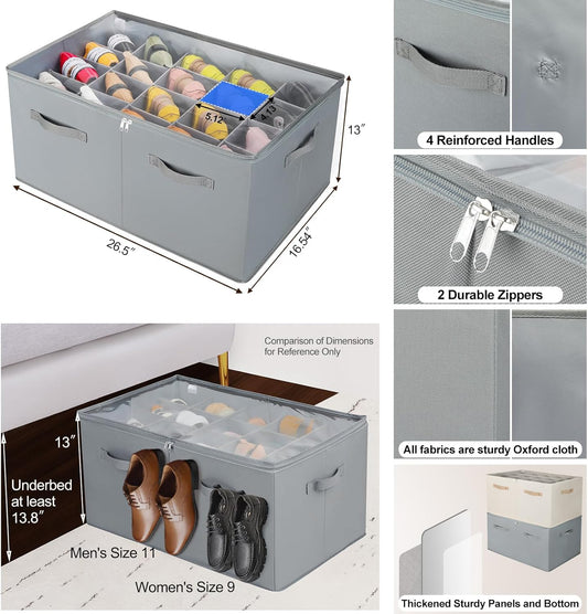 Shoe Organizer for Closet, Foldable Shoe Box with Adjustable Dividers and Clear Cover, Space Saving Shoe Storage Organizer Cabinet with Reinforced Handles, Fits 20 Pairs, Gray, TP10G