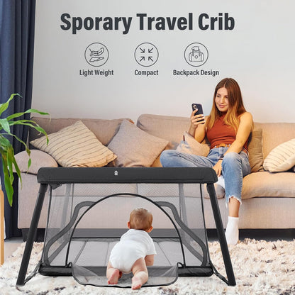 Travel Crib, Portable Crib for Baby, Pack and Play for Babies and Toddler, Lightweight Backpack Design,Foldable Travel Baby Playpen with Mattress(Dark Grey)