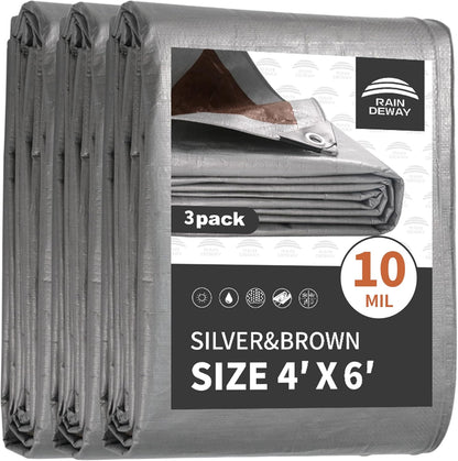 Small Tarps Heavy Duty Waterproof 4x6 Feet (3 Pack), 10Mil Multipurpose Poly Tarp Cover with Metal Grommets and Reinforced Edges, Silver/Brown Tarp by RAINDEWAY