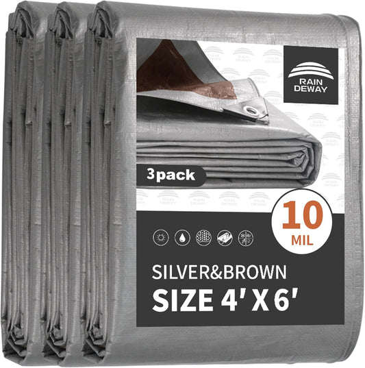 Small Tarps Heavy Duty Waterproof 4x6 Feet (3 Pack), 10Mil Multipurpose Poly Tarp Cover with Metal Grommets and Reinforced Edges, Silver/Brown Tarp by RAINDEWAY