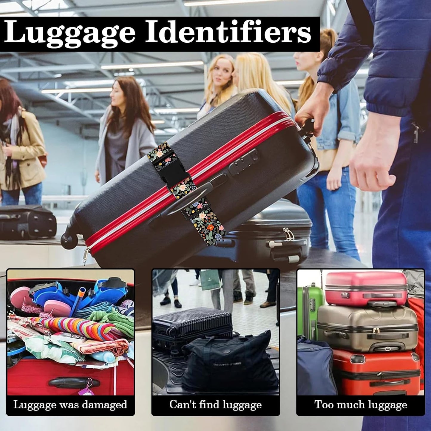 Wildflower Luggage Straps for Suitcases TSA Approved, Luggage Identifiers for Suitcase, Adjustable Suitcase Strap for Baggage Security with Cute Patten, Travel Necessary Accessories