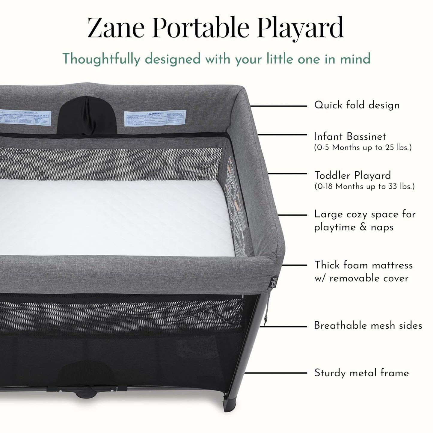 Evolur Zane Portable Playard – Foldable, Removable Mattress, Easy to Use Baby Bassinet for Travel & Home, Grey