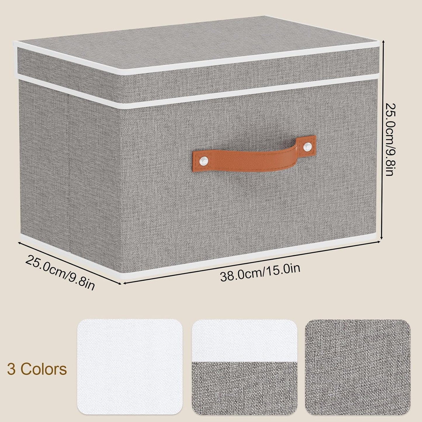Collapsible Storage Bins with Lids, 1 Pack Linen Foldable Cloth Baskets, 15 x 9.8 x 9.8 Inch Closet Organizer Containers with Double Handles, Sweater Boxes for Bedroom, Grey