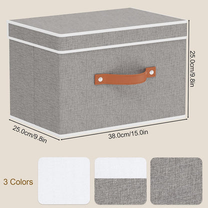 Collapsible Storage Bins with Lids, 5 Pack Linen Foldable Cloth Baskets, 15 x 9.8 x 9.8 Inch Closet Organizer Containers with Double Handles, Sweater Boxes for Bedroom, Grey