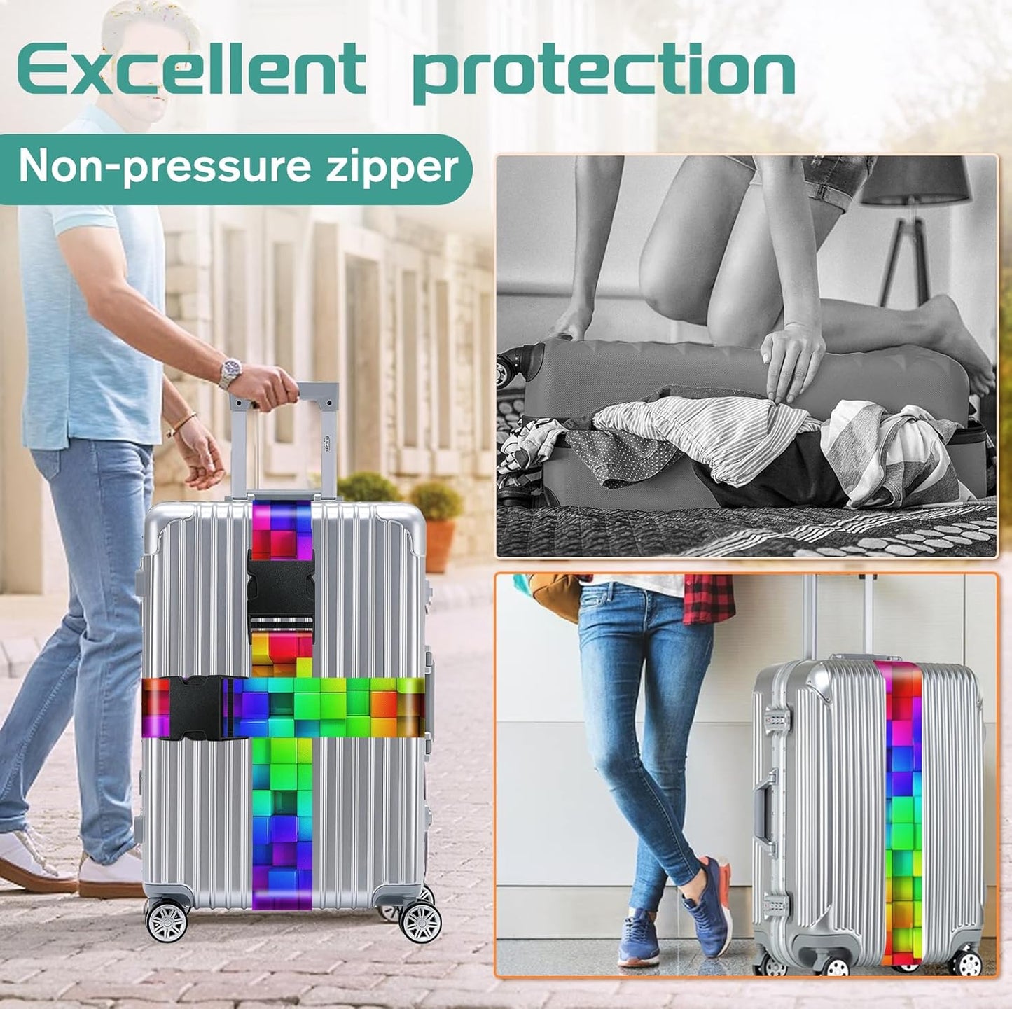 Slohif Luggage Straps for Suitcases Travel Belt Accessories Luggage Connector Identifiers Over Handle with Buckle Unique Nylon Adjustable Strap for Sleeping Bag Car Seat Color Square (2 Pack)