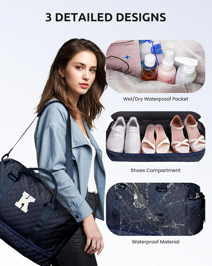 Women's Initial Duffle Bag - Personalized Weekender with Shoe & Makeup Compartments, Monogram Overnight Bag (Letter A)
