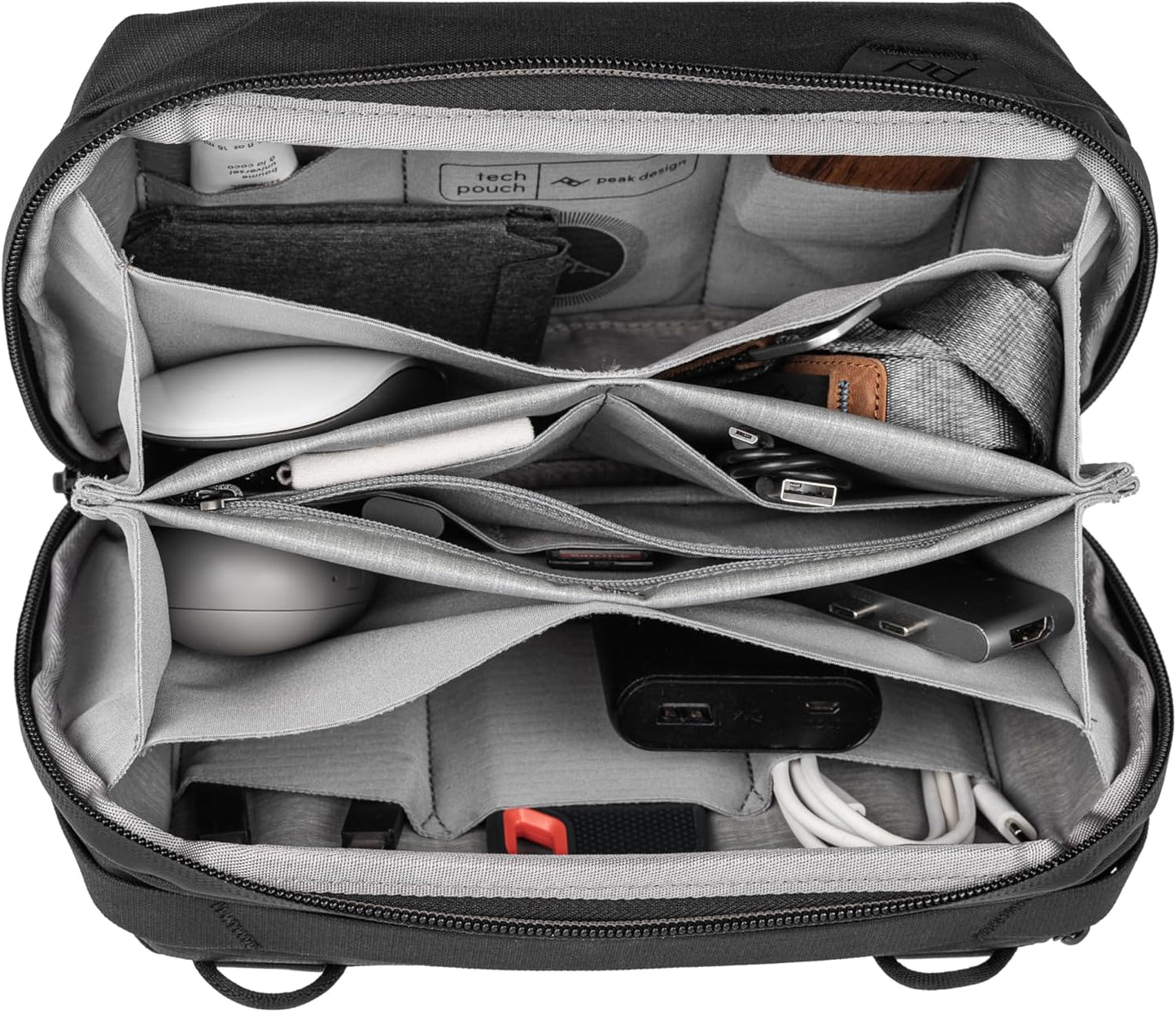 Peak Design Tech Pouch, Black, Electronics Organizer for Travel or Everyday Carry, Origami-Style Storage, Cable Pass-Through, Weatherproof Recycled Nylon, Gear Carry Bag for Men and Women