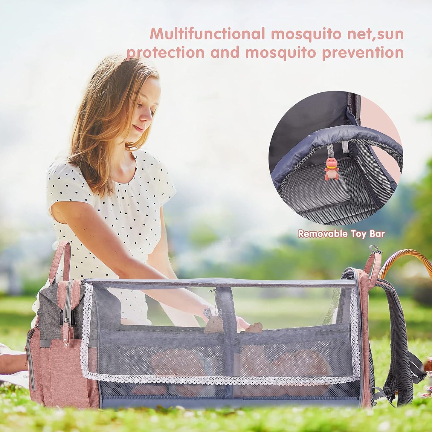 DERJUNSTAR Baby Diaper Bag Backpack with ChangingStation-Large Capacity Baby Bag for Boys & Girls, USBCharging Port, Pacifier Case, sunshade & Toy Bar,Waterproof, Baby Pink