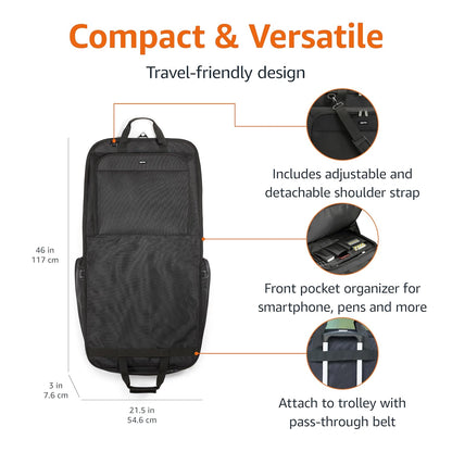 Amazon Basics 46" Premium Garment Bag for Travel, Suit Bag with Shoulder Strap for Suits and Dresses, 1680D Polyester Fabric, Exterior/Interior Pockets, Leather-reinforced Corners, Trifold, Black