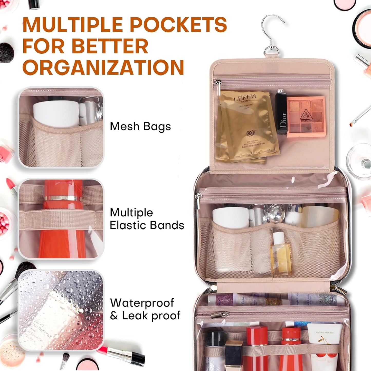 Hanging Toiletry Bag for Women Travel, 2 Sizes Large & Small Waterproof Cosmetic Organizer with 4 Compartments, Rotating Hook, Foldable Pink Travel Bag for Toiletries & Makeup - Medium Pink