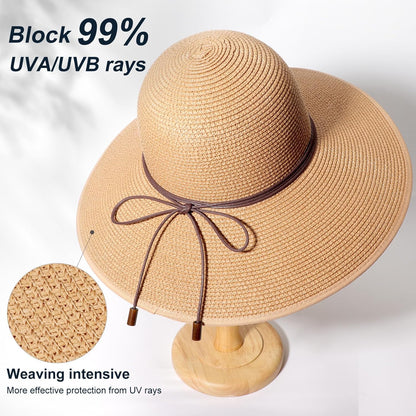 DRESHOW Beach Hats for Women Big Straw Wide Brim Summer Hat Floppy Foldable Roll up Cap Sun Hat UPF 50+