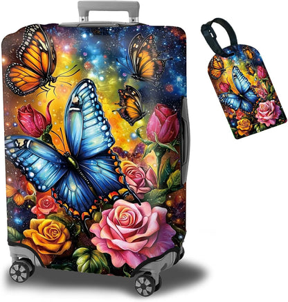 Luggage Cover + Tag, Colorful Rose Butterfly Travel Suitcase Cover for 24 inch Luggage (M) with Concealed Zipper, Washable Elastic Cloth, Dustproof, Anti-Scratch