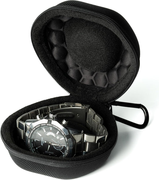 padded single Watch travel Case, men's watch case holder for Wristwatches & Smart Watches up to 54mm, Black Padded Watch case