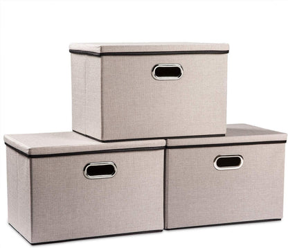 PRANDOM Large Foldable Storage Bins with Lids [3-Pack] linenFabric Decorative Storage Boxes Organizer Containers Baskets Cube with Handles Divider for Bedroom Closet Office Light Grey(17.7x11.8x11.8)