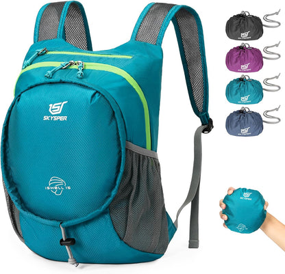 SKYSPER 15L Lightweight Small Hiking Backpack for Women Men, Foldable Travel Daypack, Packable Camping Backpack, Mini Outdoor Hiking Bag (Cyan)