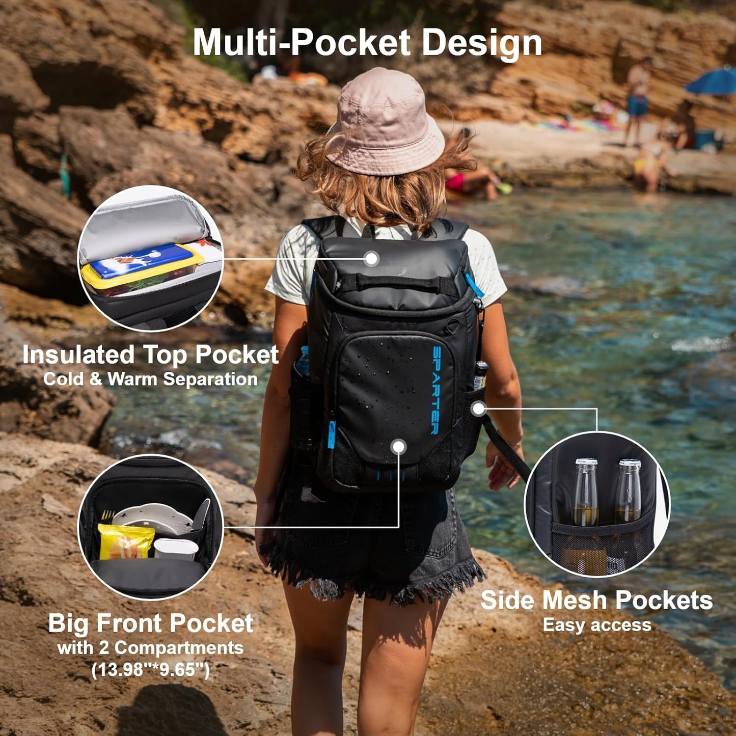 SPARTER Backpack Cooler Insulated Leak Proof 33/49 Cans, 2 Insulated Compartments Thermal Bag, Portable Lightweight Beach Travel Camping Lunch Backpack for Men and Women
