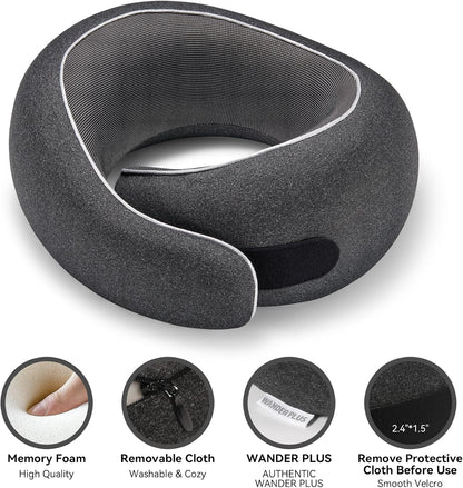 WANDER PLUS® Travel Pillow, 100% Pure Memory Foam Travel Neck Pillow Airplane Neck Support Ergonomic Design Best for Sleeping Plane Car Train Office Flight for Adults Grey