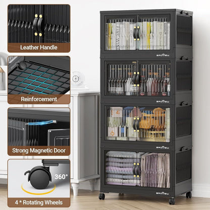 BROVIEW 400Qt Stackable Storage Bins with Lid, Extra Large Closet Organizer Collapsible Drawer Boxes with Wheels, Folding Plastic Cabinet Containers for Home Kitchen Room Organization, 5Pack Black
