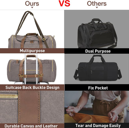 Vintage Canvas Duffle Bag, 50L Genuine Leather Travel Duffel Backpack Multifunctional Overnight Weekender Bag with Shoes Compartment Men (Grey)