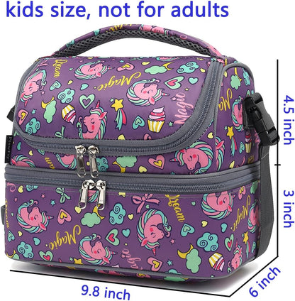 FlowFly Double Decker Cooler Insulated Lunch Bag Large Tote for Boys, Girls, Men, Women, With Adjustable Strap (Purple-Unicorn)