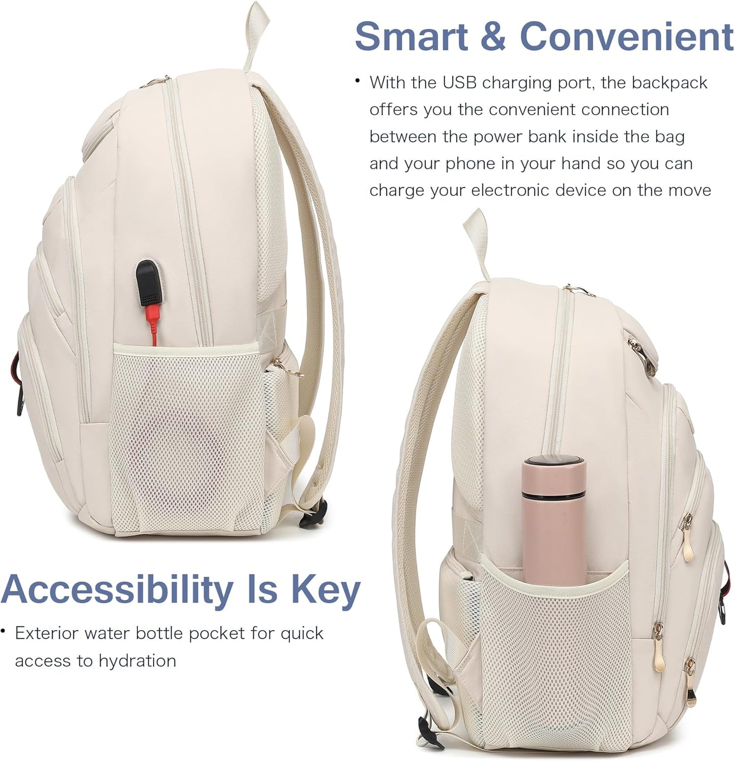 Boavan Laptop Backpack for women,15.6 inch Laptop Bag with USB Port, Waterproof Travel Work Backpack Purse, Anti-Theft Teacher Nurse Doctor Casual Bookbags Office Business backpack，Cream Beige