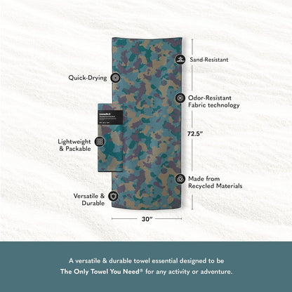Nomadix Original Towel - Perfect for Beach, Pool, Travel, Camping, Yoga - Made with Recycled Materials - Super Absorbent - Sand Resistant - Camo Green - 72.5" x 30"