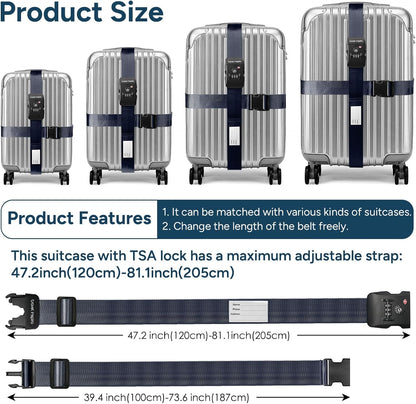 Travel Inspira Luggage Straps - TSA Approved Travel Luggage for Suitcases, Adjustable Suitcase Belt Spot Luggage, Personalized Tags Name ID Card (Navy Blue)