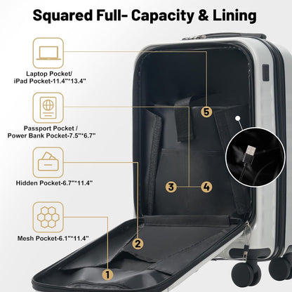 Merax Luggage Sets Front Opening, 2 Piece Hardshell Suitcase with Spinner Wheels and Bags,Lightweight Carry on Luggage with USB Port,20+24,White Grey