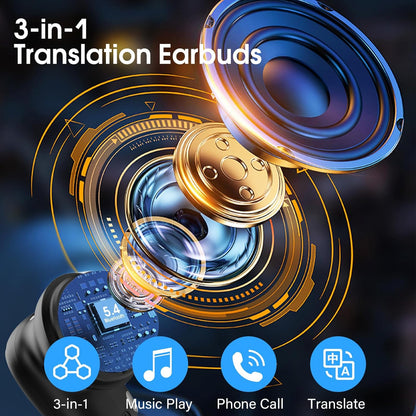 AI Language Translator Earbuds Real Time, 164 Language/6 Translation Modes Translator Earbuds 3-in-1 Translation Headphones, Bluetooth 5.4 Translation Device for Travel Business Learning, Black
