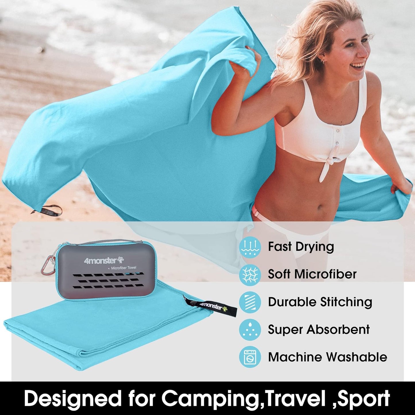 4Monster Camping Towels Super Absorbent, Fast Drying Microfiber Travel Towel, Quick Dry Ultra Soft Compact Gym Towel for Swimming Beach Hiking Yoga Travel Sports Backpack (40.00" x 20.00", Lake-green)