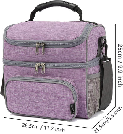 FlowFly Double Layer Cooler Insulated Lunch Bag Adult Lunch Box Large Tote Bag for Men, Women, With Adjustable Strap,Front Pocket and Dual Large Mesh Side Pockets